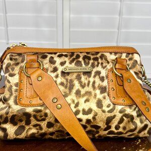 Michael Kors Leopard Print Haircalf Satchel Bag Tan Brown